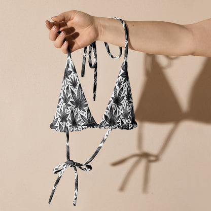 Black and white leaf print recycled string bikini top