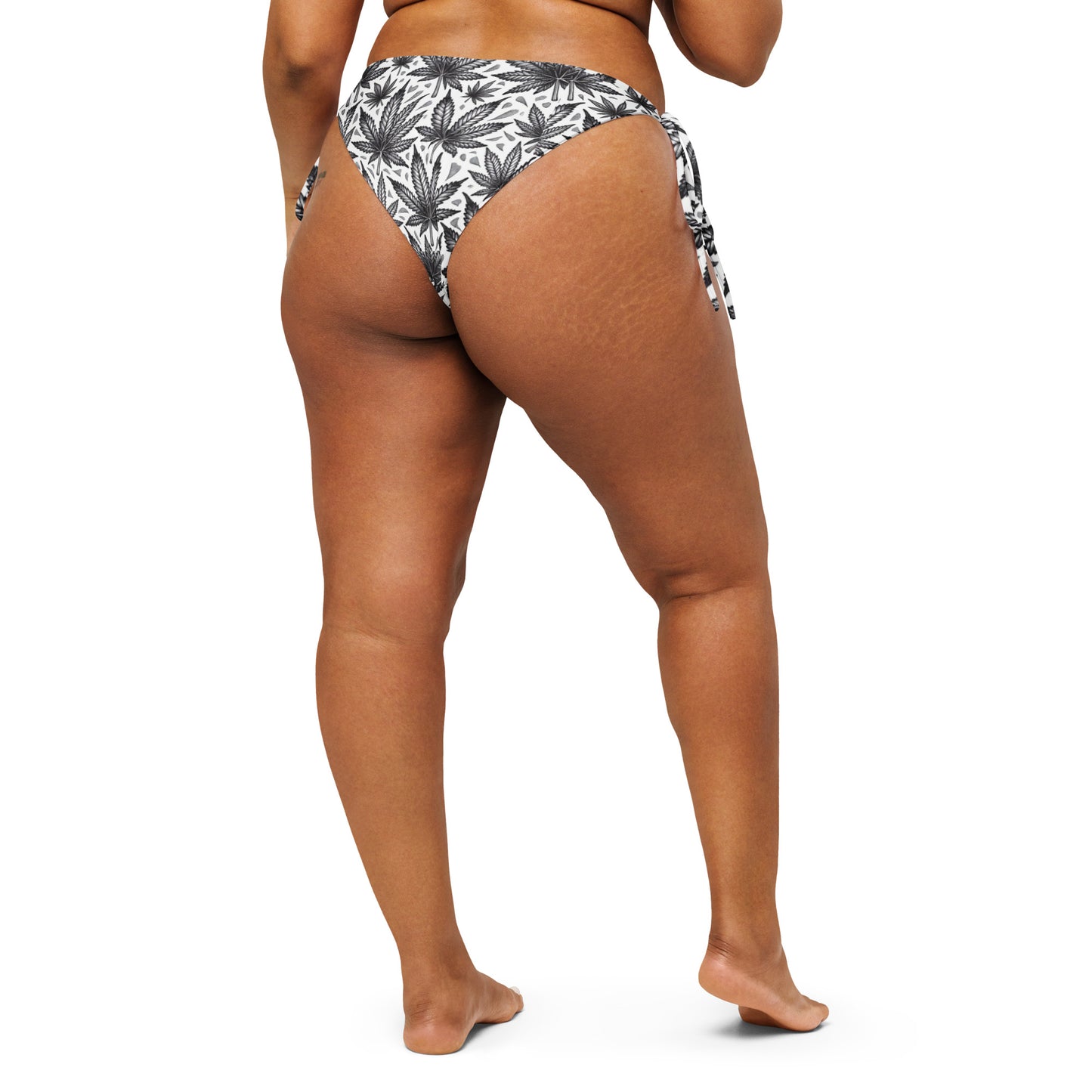 Black and white leaf print recycled string bikini bottom